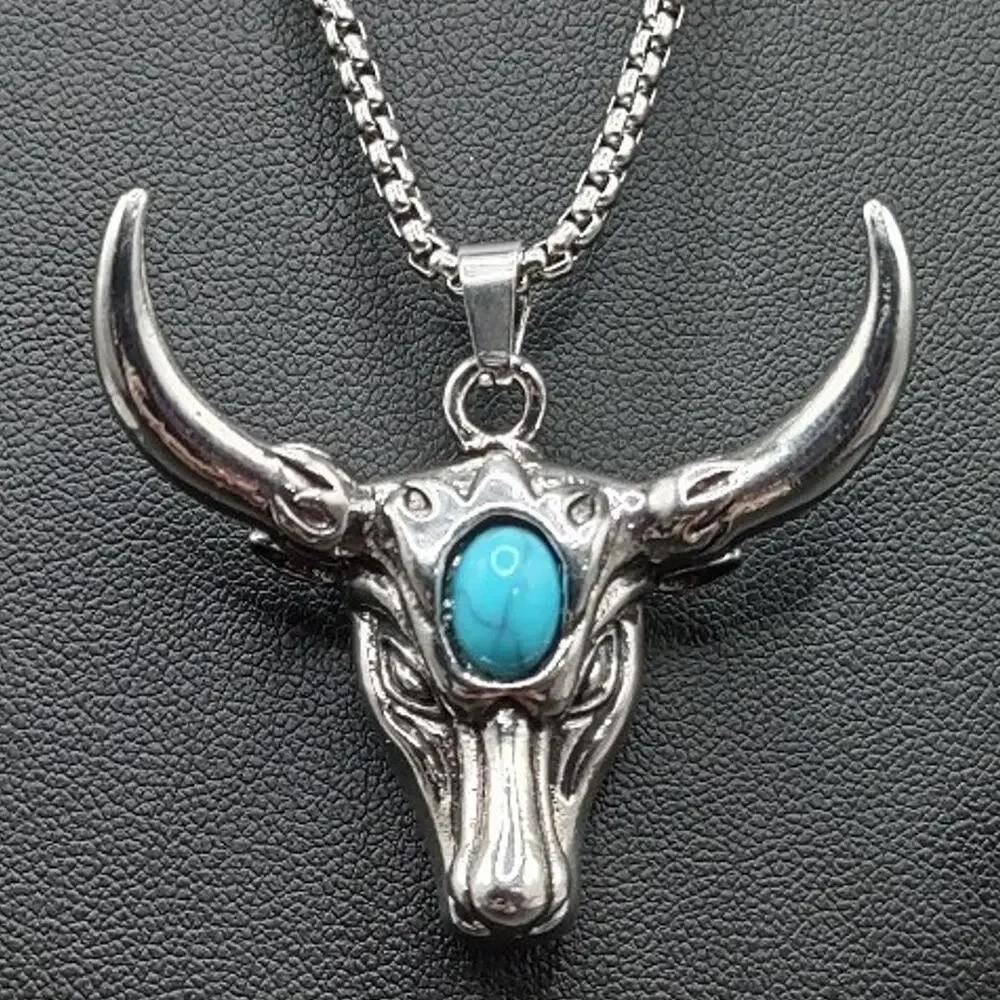 Longhorn Turquois Cattle Bull Necklace Stainless Western Fashion Birthday Gift